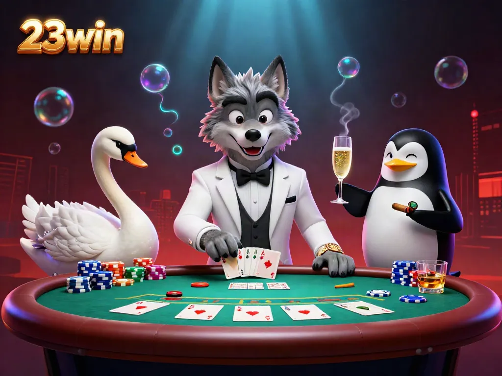 Experience thrilling gameplay at 23win with 3D characters enjoying high-stakes baccarat in an immersive casino.