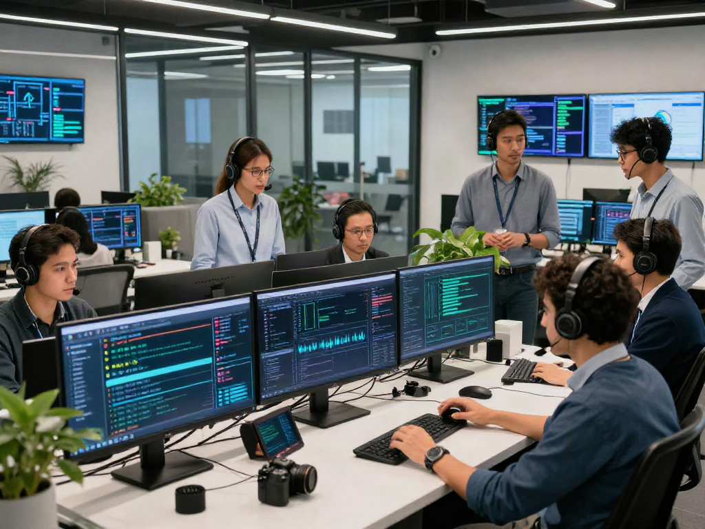 IT-Sicherheitsfirma: Cybersecurity-Team analysiert Bedrohungen in modernem Büro.