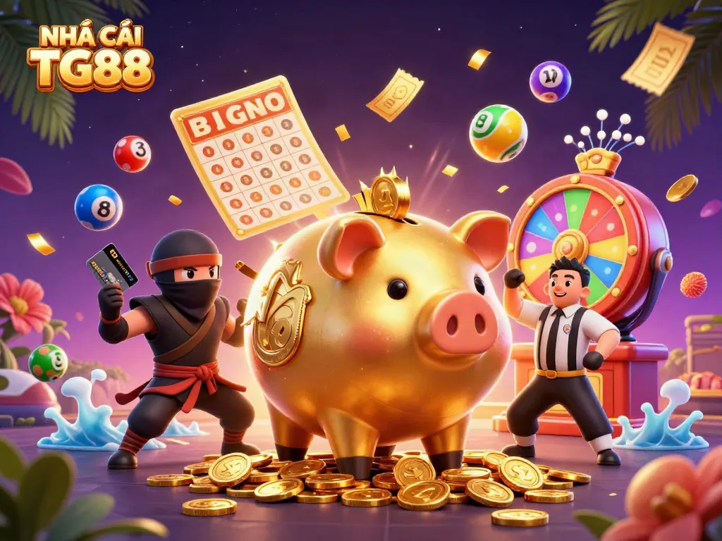 Experience the thrilling action of NHÀ CÁI TG88 with a whimsical 3D illustration of casino characters.