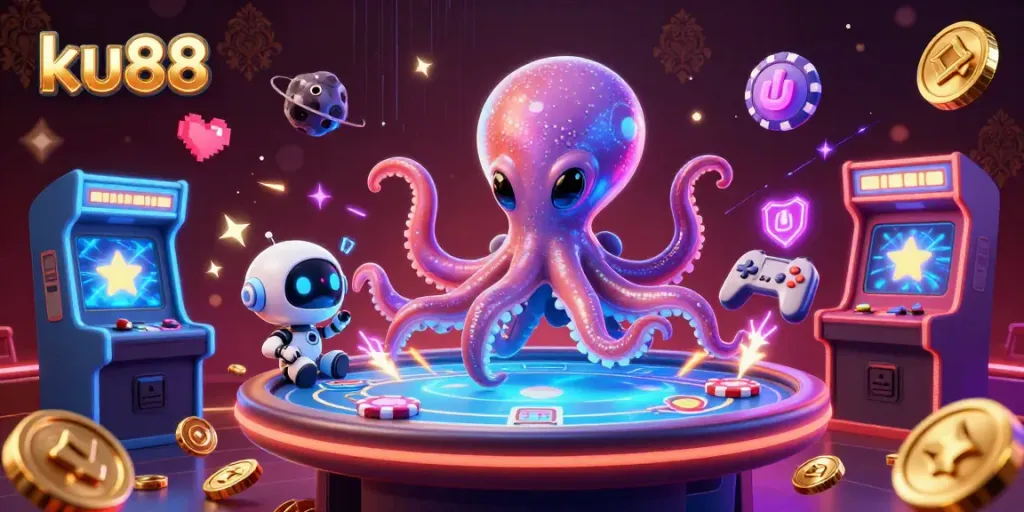 ku88 alien octopus creates excitement with a floating poker table amidst vibrant casino elements