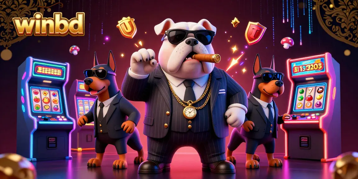 Join the winbd mafia boss bulldog in a lively casino scene with vibrant slot games and neon effects.