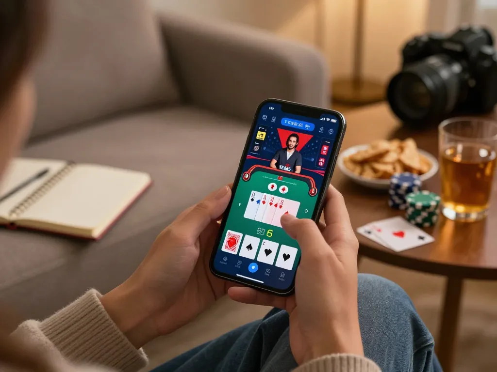 BCX88 players engaging in an exciting poker game on smartphone, showcasing strategic gameplay in a cozy home setting.