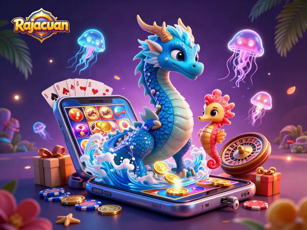 Experience thrilling jackpots with Rajacuan's ocean-themed gaming adventure featuring a dynamic dragon and seahorse knight.