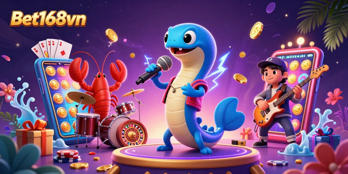 Engage in thrilling underwater gaming with Bet168vn's vibrant casino atmosphere featuring an electric eel DJ.