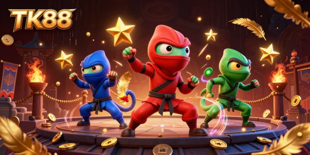 Experience the excitement of TK88 with ninja chameleons showcasing thrilling martial arts moves amid a vibrant casino backdrop.