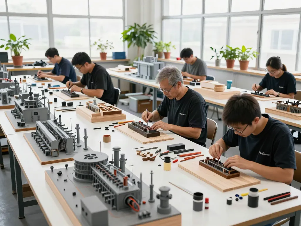 Industrie Modellbau: Handwerker arbeiten an detailreichen industriellen Modellen in heller Werkstatt.
