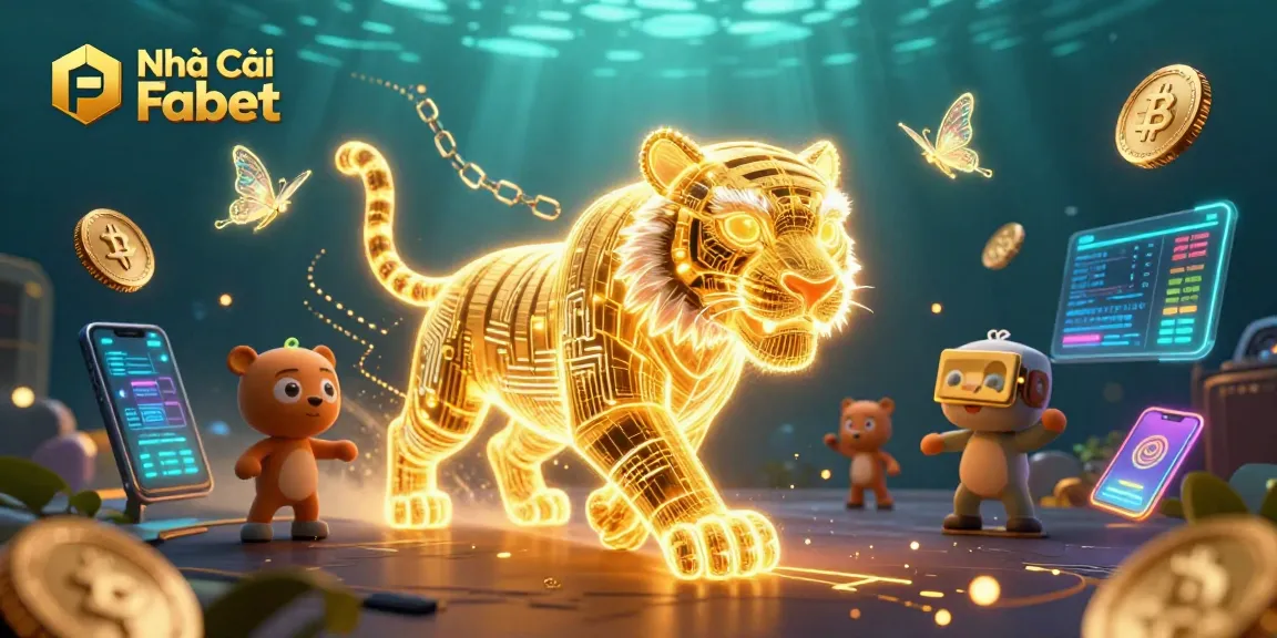 Engage with Nhà Cái Fabet in a vibrant casino scene featuring a golden tiger and neon elements.
