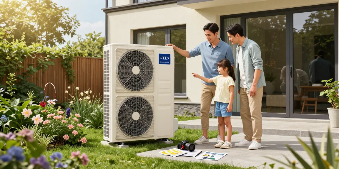 Ovum Wärmepumpe in einem modernen Garten, Familie inspiziert nachhaltige Heiztechnik