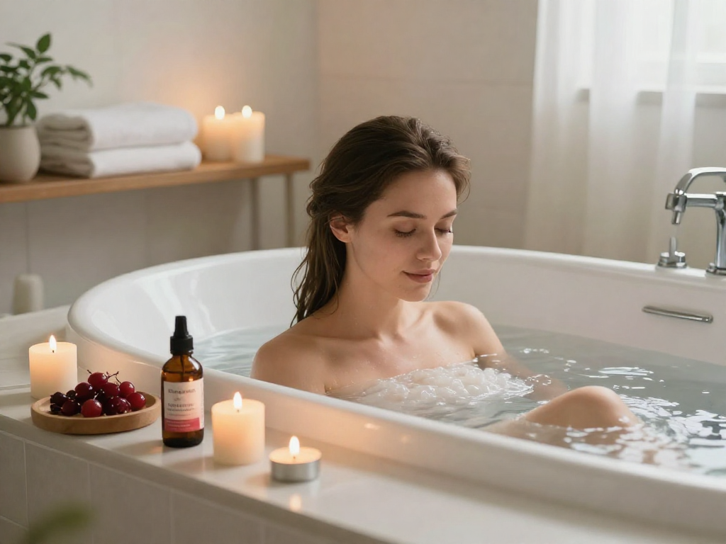 Une femme se détend dans un bain chaud avec des remèdes naturels pour le confort urinaire, incluant boiteaoutilsdermatites.