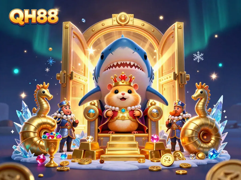 Experience the exciting gambling features of QH88 as a hamster king presides over treasures and royal guards.