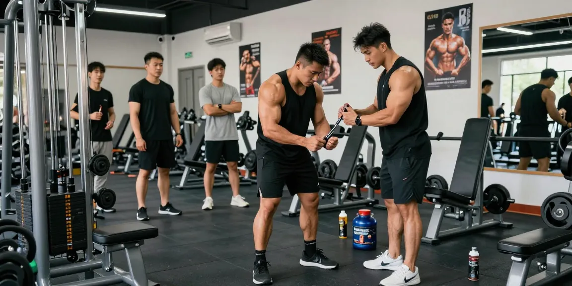 Anabolika Shop scene showcasing athletic individuals demonstrating safe steroid injection techniques in a motivating gym environment.