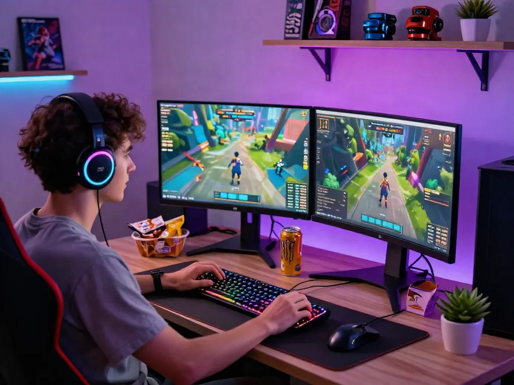 Engaged gamer at rokok88 enjoying online gaming with snacks and LED setup