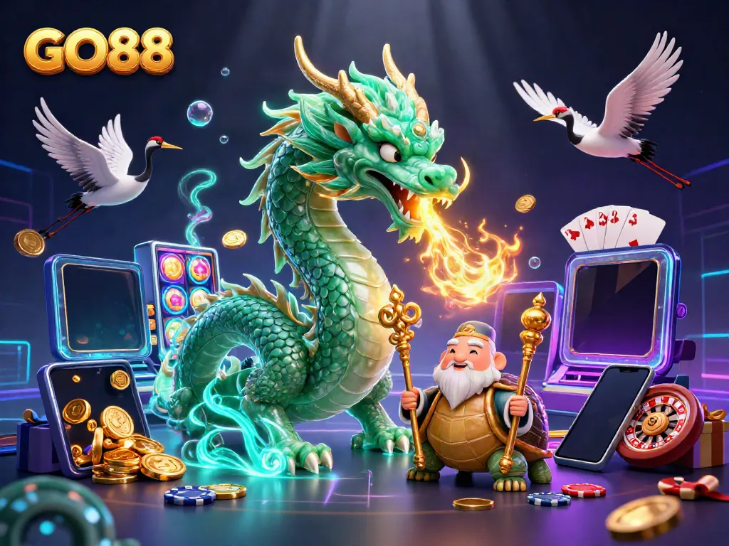 Experience GO88 with a vibrant 3D scene featuring a jade dragon, turtle sage, and dynamic casino elements.