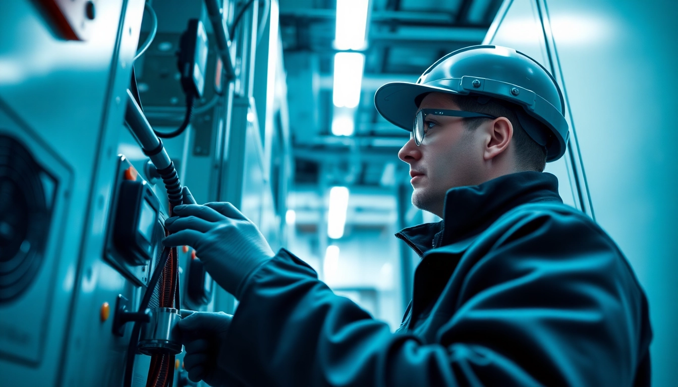 Technician conducting a DGUV V3 Prüfung on electrical equipment, ensuring workplace safety and compliance.
