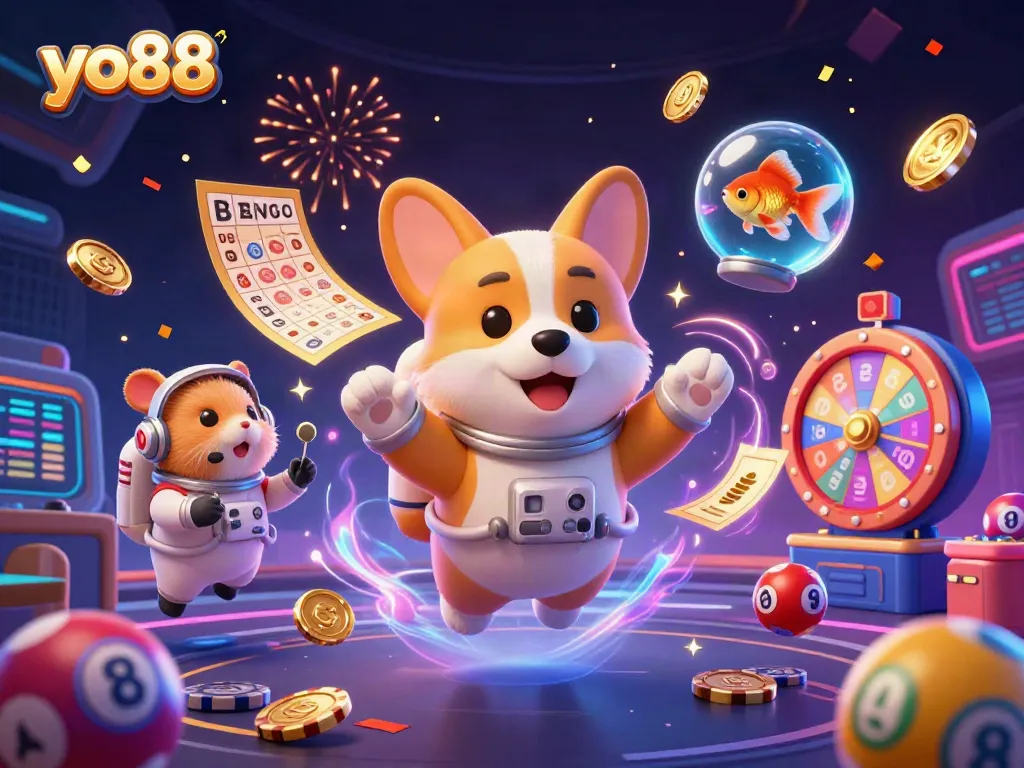 Engage with the excitement of yo88 as a cartoon astronaut corgi navigates a floating casino scene filled with lottery elements.