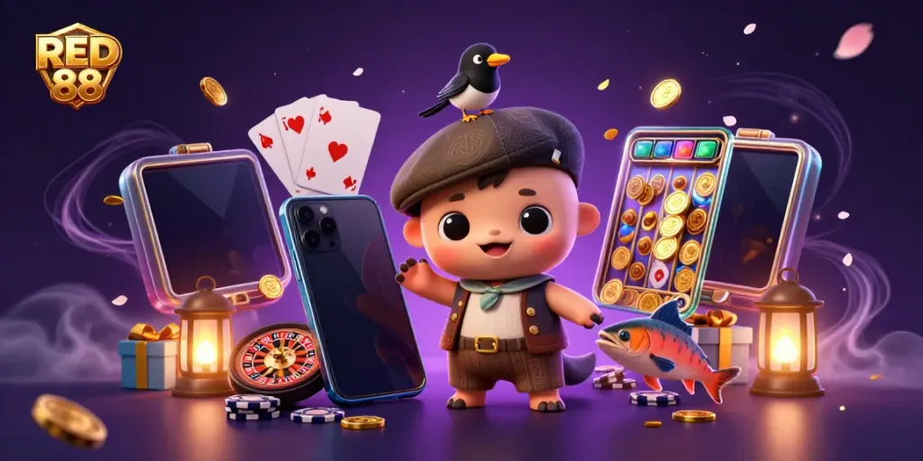 Engage in thrilling gameplay with RED 88, featuring cartoon characters amidst vibrant casino elements.