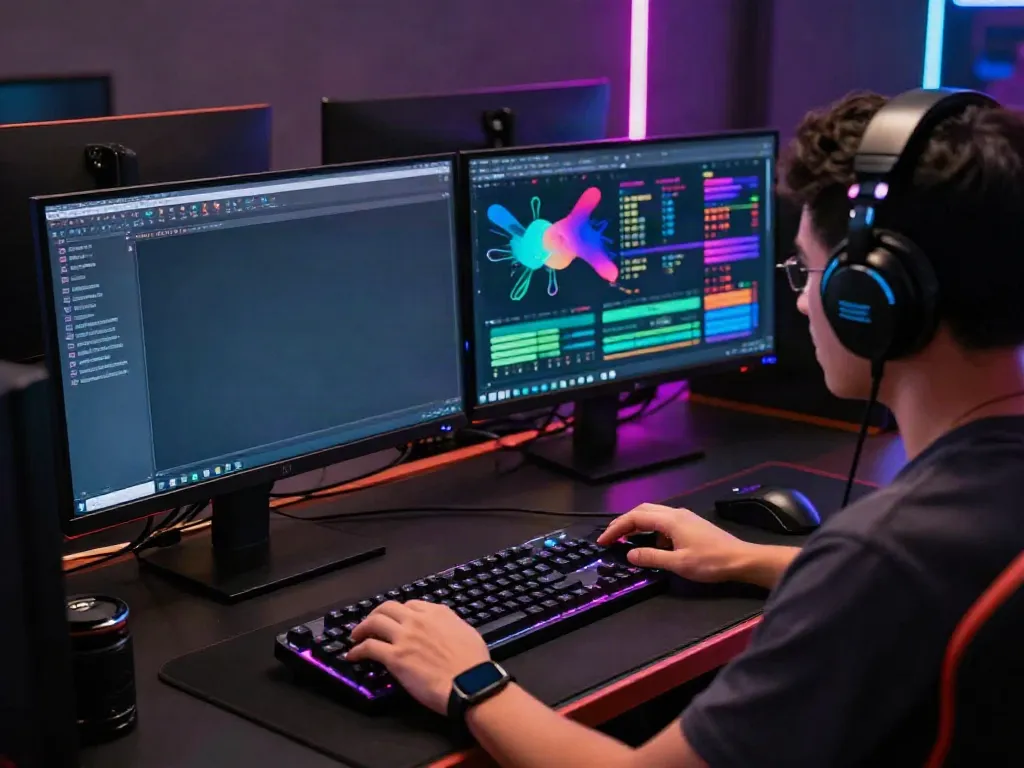 Engaged player studying amanahtoto Togel online data on dual monitors in a gaming setup.