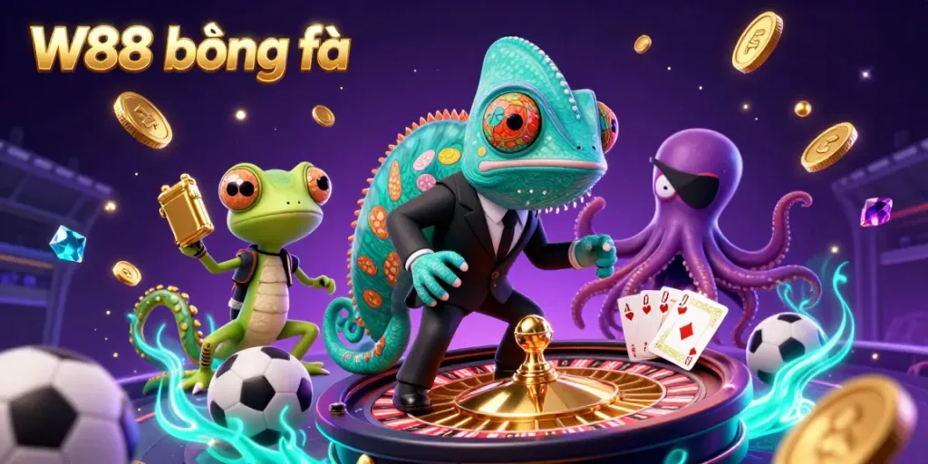 Experience the thrill of W88 bóng đá betting with a dynamic 3D scene featuring colorful characters and casino elements.