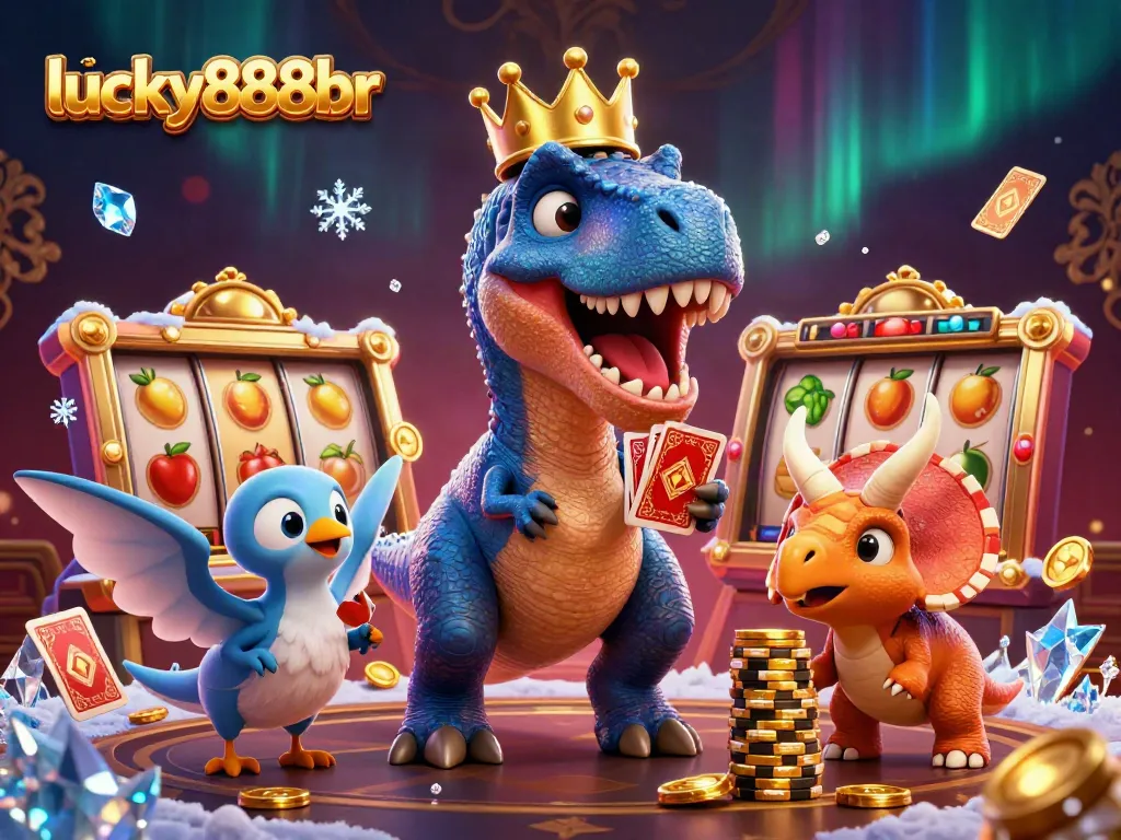 lucky888br showcases a vibrant casino scene with a cartoon T-Rex shuffling cards and a triceratops stacking chips