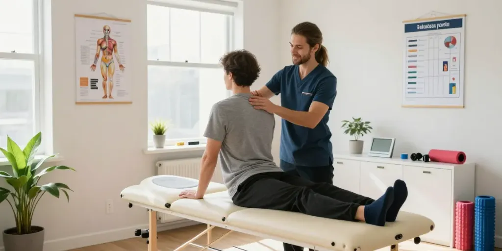 Chiropractor Chatswood assisting a patient in a bright chiropractic office showcasing wellness practices.