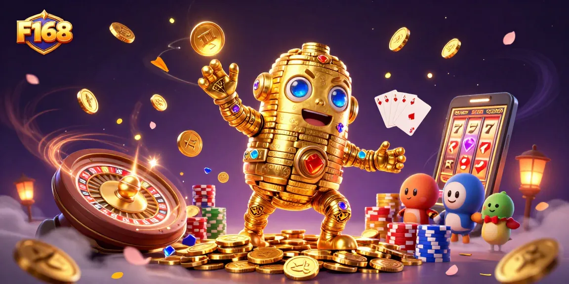 Experience the thrill of F168 with a dynamic casino scene featuring a golden golem and jackpot elements.