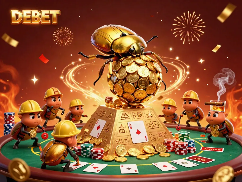 Engage in thrilling poker action as DEBET features golden beetles amidst vibrant casino elements.
