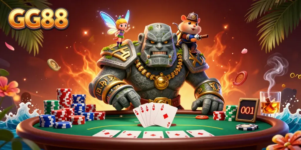 Experience the excitement of GG88 with a magical scene featuring a stone golem, fairy, and hamster knight at a poker table.