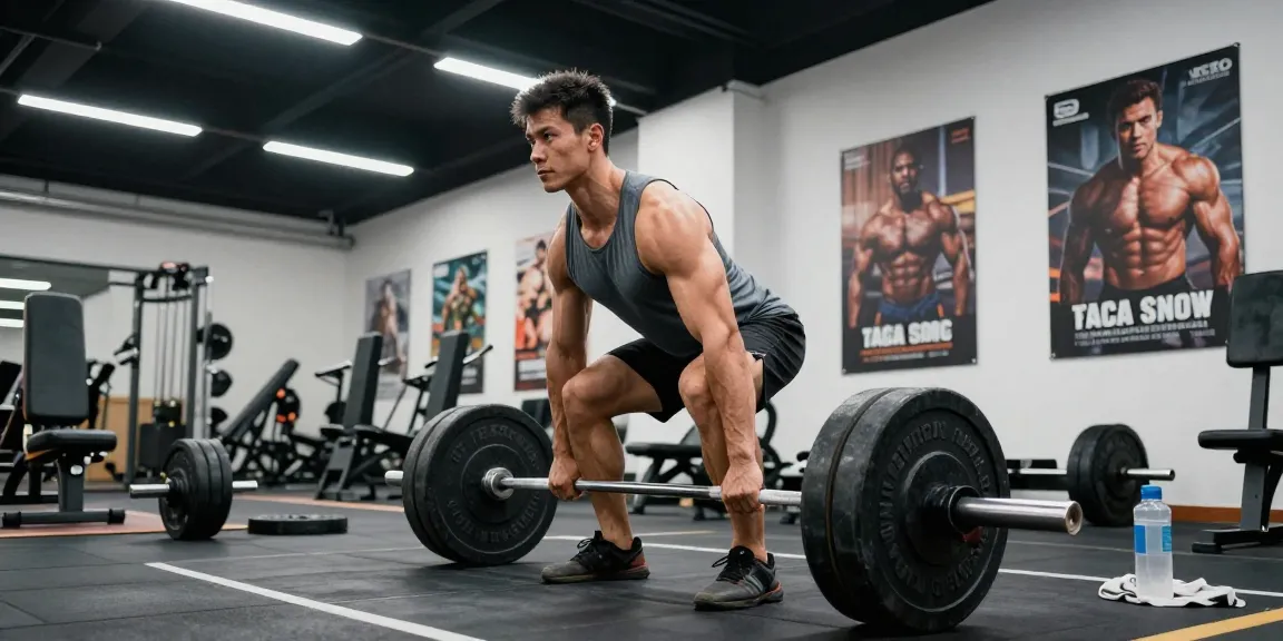 Bodybuilder, der im lebhaften Fitnessstudio von Steroidshop ein Kreuzheben ausführt und Entschlossenheit sowie Stärke zeigt.