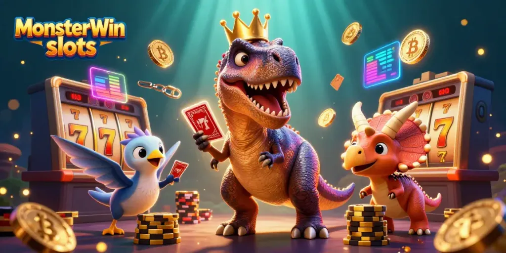 Experience MonsterWin slots excitement with playful T-Rex, Pterodactyl, and Triceratops in an enchanting casino scene.