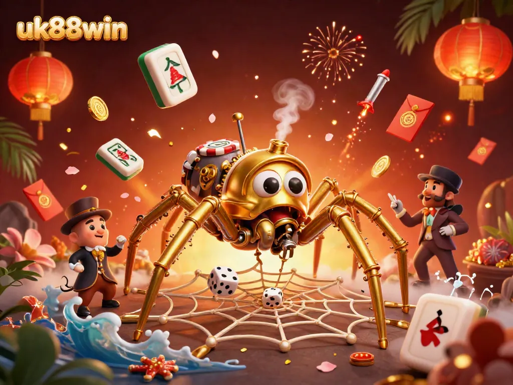 Experience immersive gaming with uk88win featuring a steampunk spider and vibrant casino elements.
