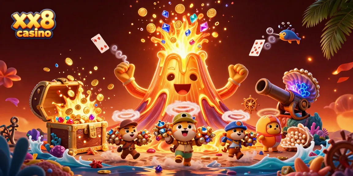 Experience the excitement of winning at the xx8 casino with golden treasures amid a vibrant 3D scene.