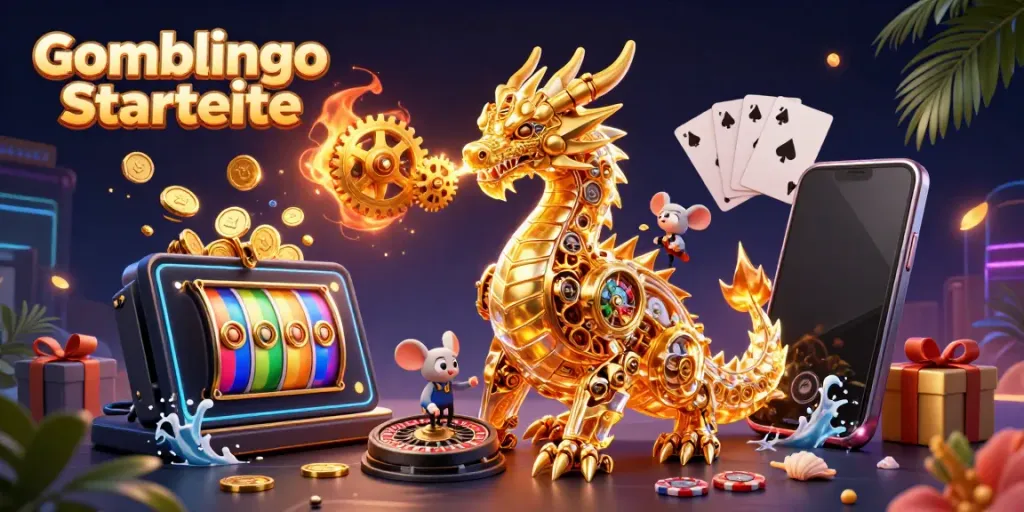 Erlebe die Gomblingo Startseite mit faszinierenden Spielautomaten und einem biomechanischen Drachen.