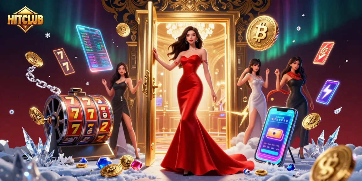 Engage with HITCLUB's vibrant slot games while exploring a luxury casino atmosphere.