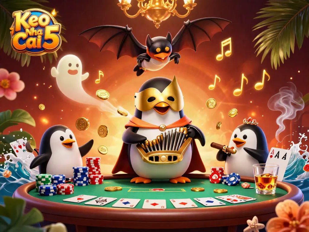 Keo Nha Cai 5 showcases a phantom penguin playing a gold coin organ in an energetic casino setting.