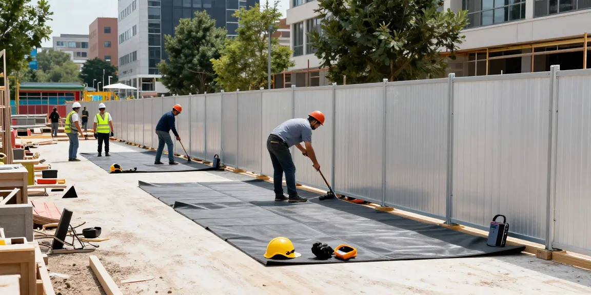 Lärmschutz für Bauzäune mieten Baustelle mit Schallschutzmatten und aktiven Arbeitern auf der Baustelle.