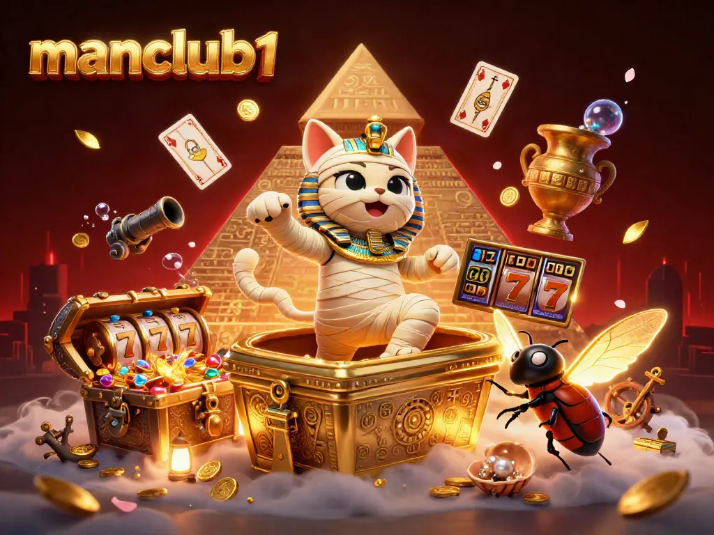 Experience the vibrant excitement at manclub1 with a cartoon mummy cat and slot elements in a dynamic casino scene.