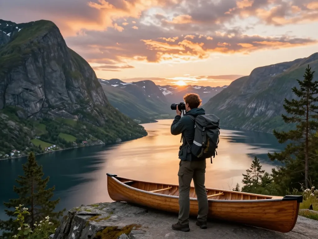 Skandinavien Reisetipps - Reisender, der atemberaubende Sonnenuntergangs-Fjordlandschaften in Norwegen einfängt.