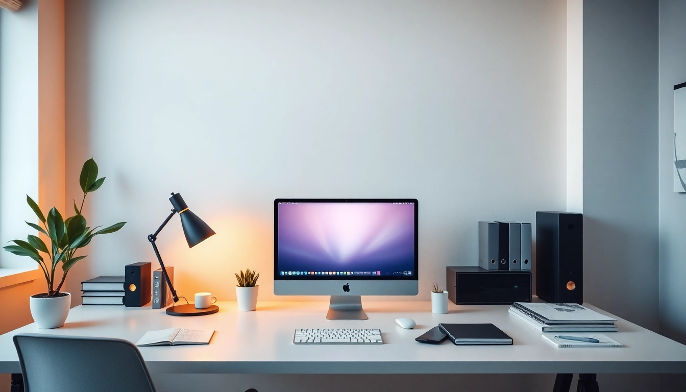 Optimieren Sie Ihre Website mit SEO.my durch kreative Büro-Setup-Visualisierung für moderne digitale Marketingstrategien.