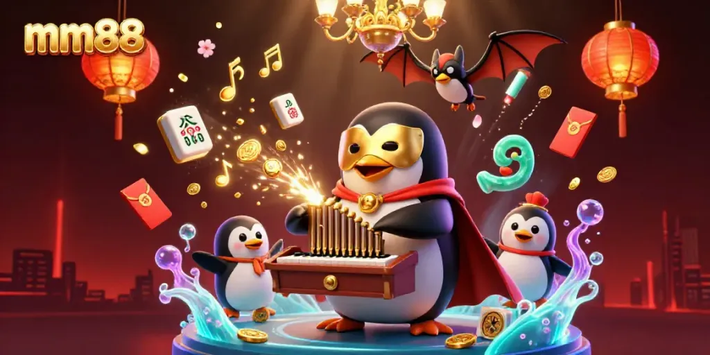 Play the mm88 game with a dynamic casino illustration featuring a penguin organist and vibrant thematic elements.
