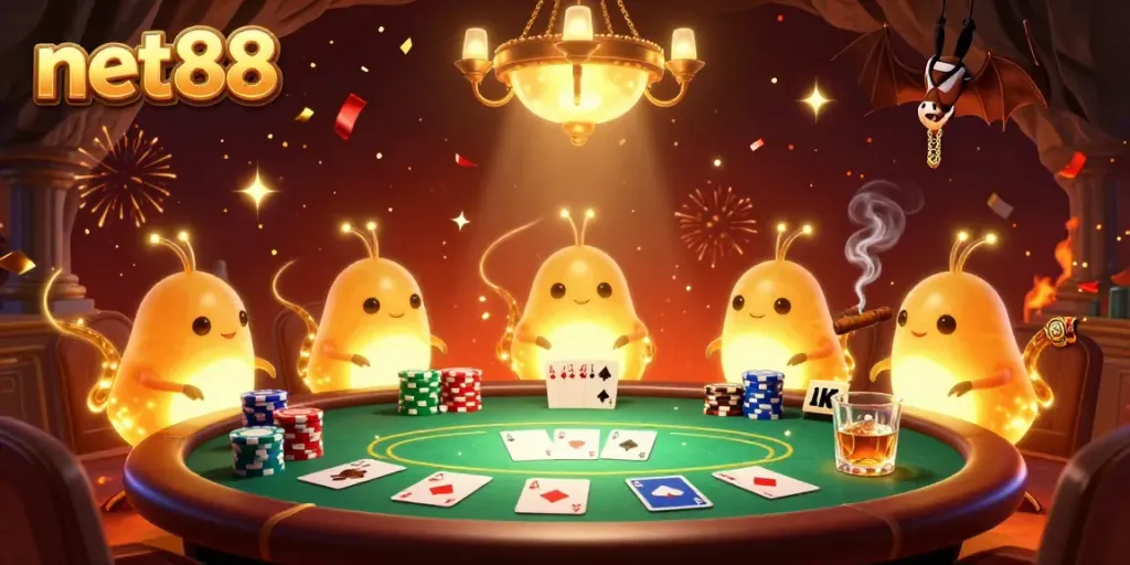 Experience thrilling poker action at net88 in a vibrant 3D casino scene with glowworms and a bat dealer.