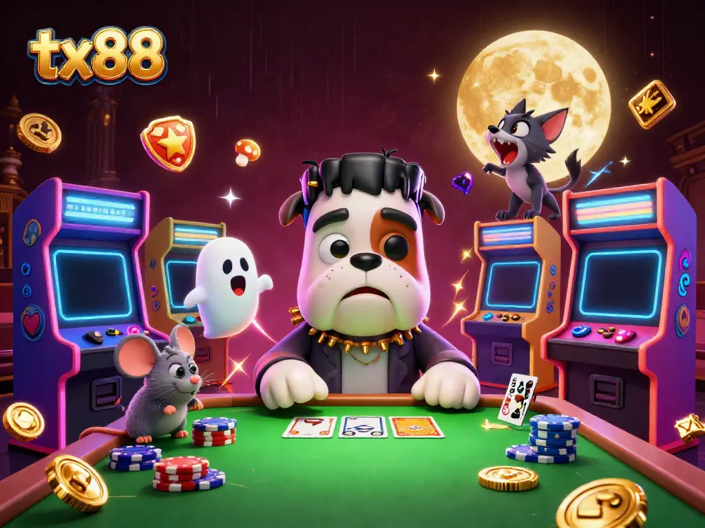 Experience thrilling card games at tx88 featuring a Frankenstein bulldog and a ghost mouse in a vibrant casino scene.