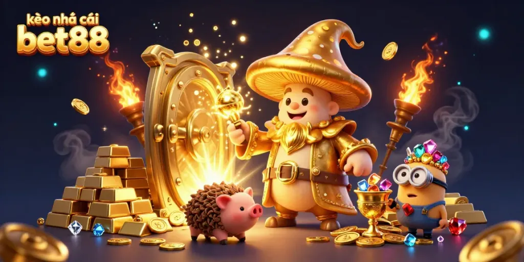 Experience the thrill of kèo nhà cái bet88 with a magical 3D casino scene filled with treasures.