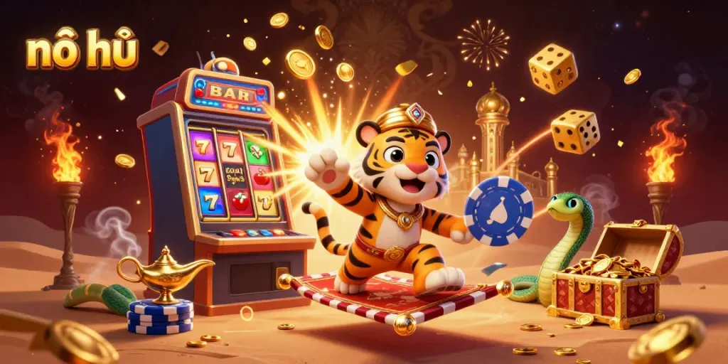Create a thrilling nổ hũ experience with a vibrant 3D scene of a tiger sultan flying on a poker chip carpet surrounded by slots and jackpots.