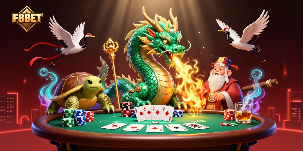 Engage with F8BET at a vibrant 3D casino scene featuring a dragon, turtle sage, and lucky cranes.