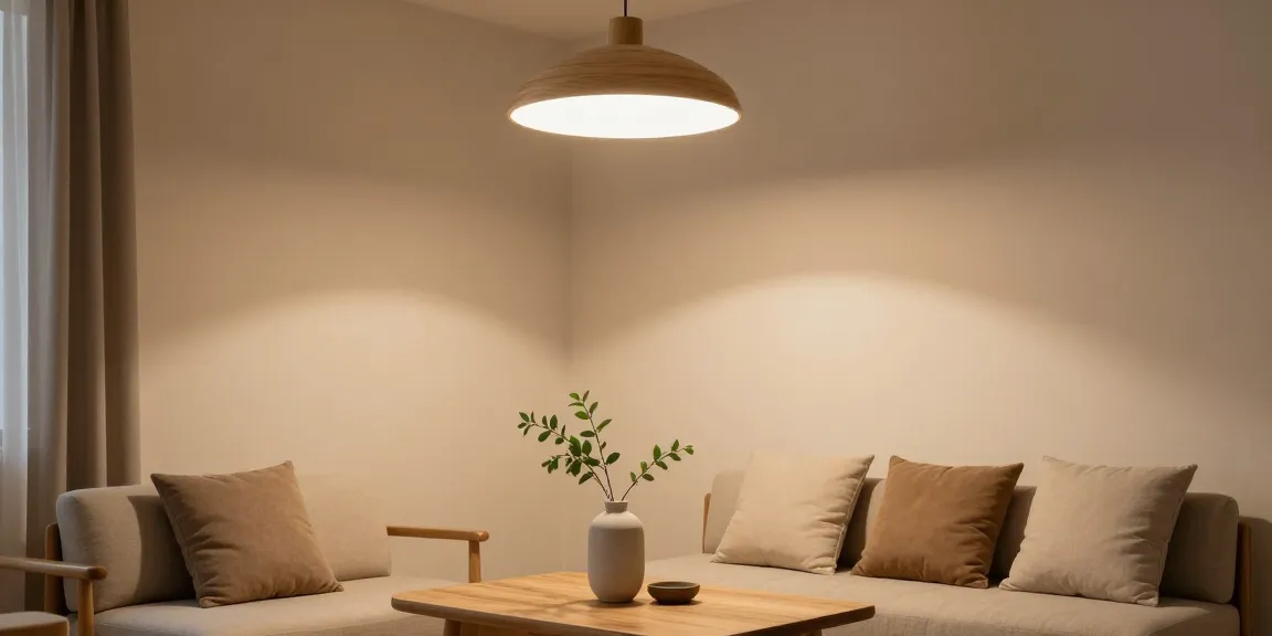 Japandi Deckenlampen, die einen ruhigen Wohnraum mit natürlichen Holzelementen beleuchten.
