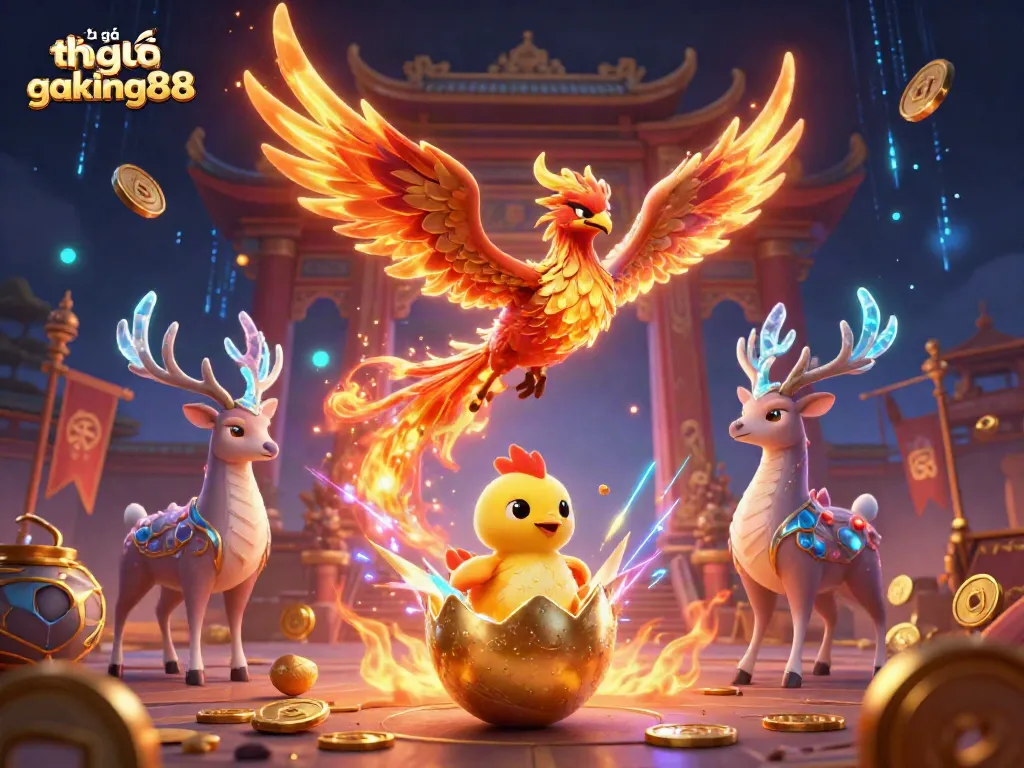 Engage with the dynamic energy of đá gà thomo gaking88 in this vibrant fighting arena featuring a soaring fire phoenix, hatching chick, and mystical stag.