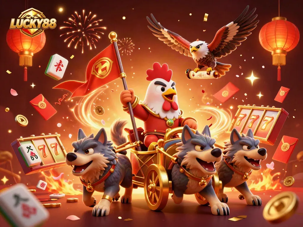LUCKY88 brings excitement with a dynamic illustration of a rooster warlord in a golden chariot amidst festive casino elements.
