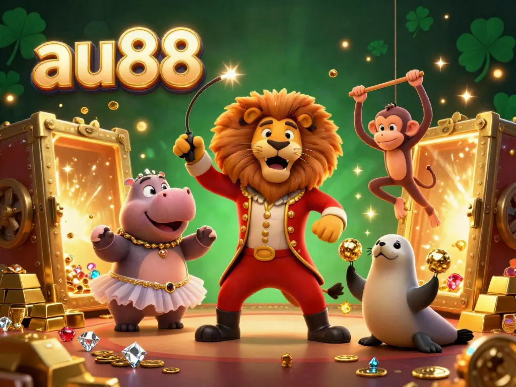 A vivid casino scene with AU88, featuring a lion ringmaster, hippo, monkey, and seal among golden treasures.
