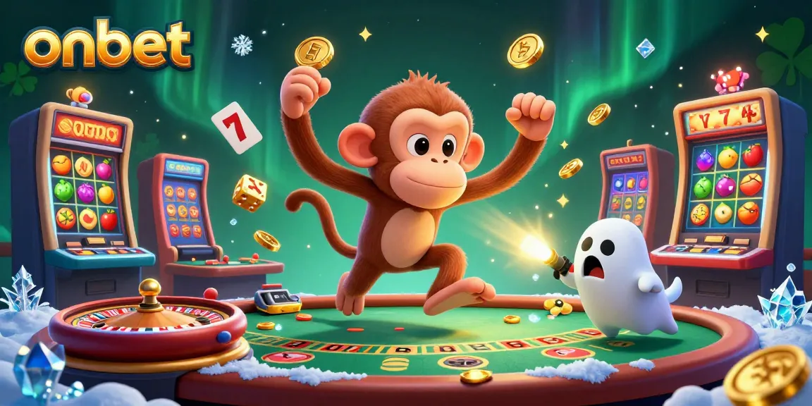 Experience the excitement of onbet with a ghostly monkey juggling casino treasures in a dynamic scene.