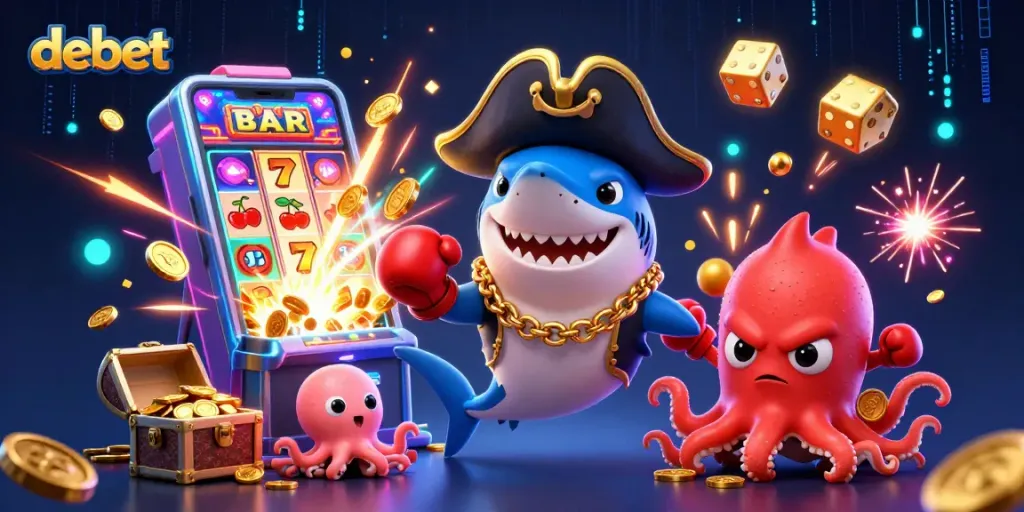 Engage in thrilling gameplay at debet with a dynamic illustration featuring colorful casino characters and vibrant game elements.